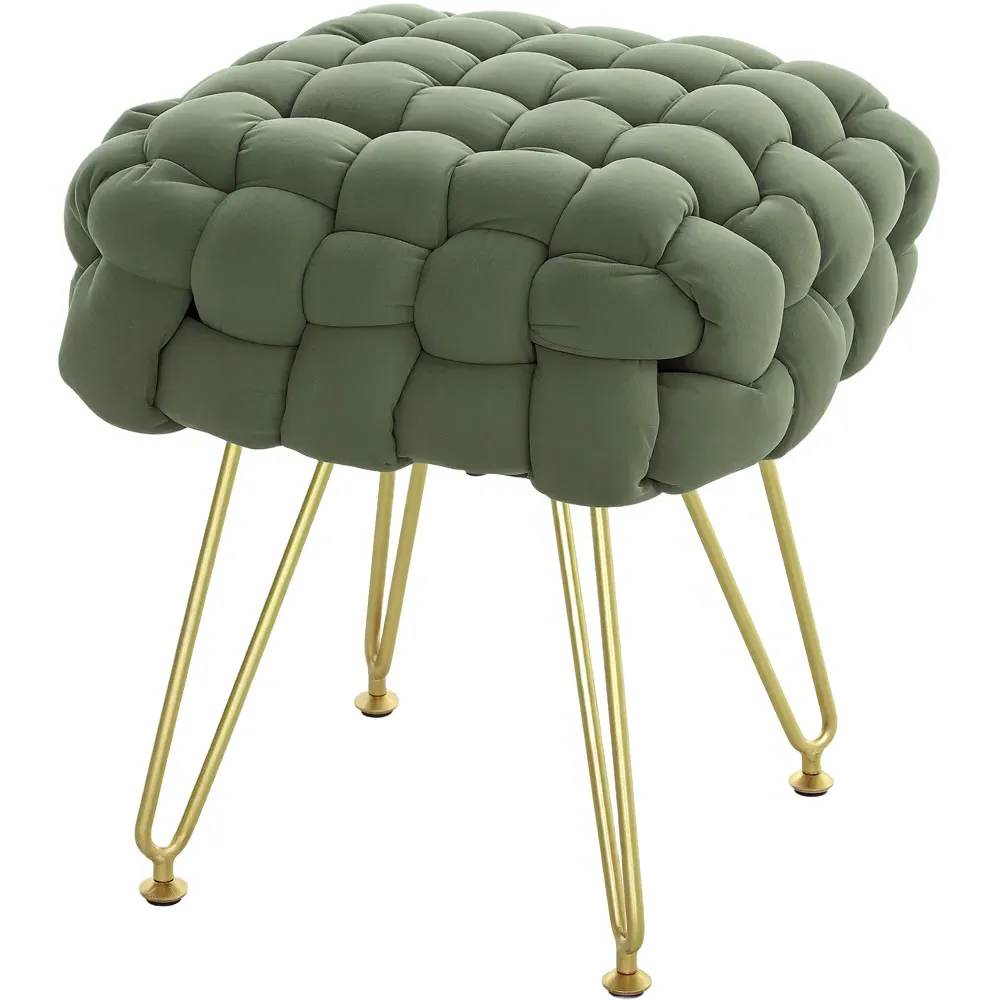 Woven Velvet Footstool with Metal Legs - Green