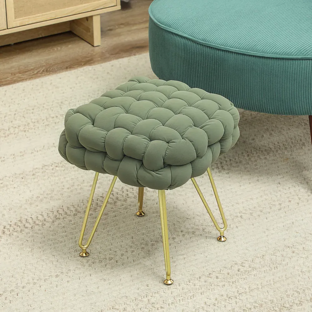 Woven Velvet Footstool with Metal Legs - Green