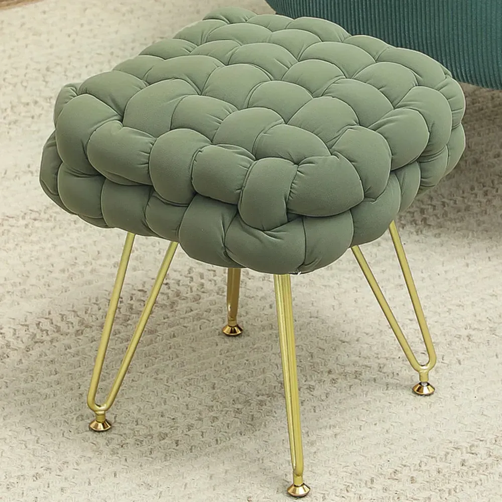 Woven Velvet Footstool with Metal Legs - Green