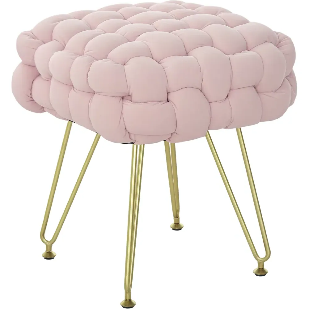 Woven Velvet Footstool with Metal Legs - Pink