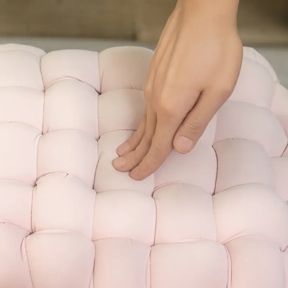 Woven Velvet Footstool with Metal Legs - Pink