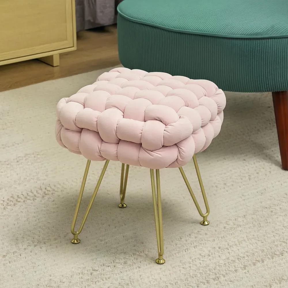 Woven Velvet Footstool with Metal Legs - Pink