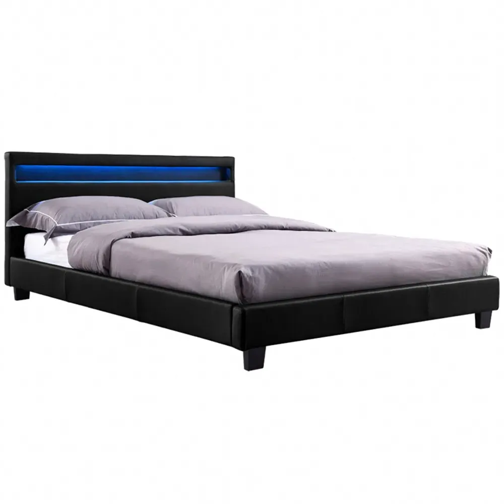 Canis Double Bed Frame with LED - Black, Faux Leather