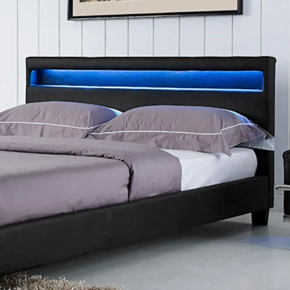 Canis Double Bed Frame with LED - Black, Faux Leather