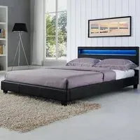 Canis Double Bed Frame with LED - Black, Faux Leather