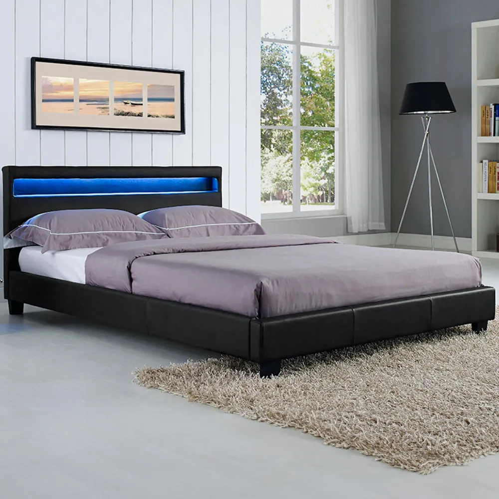 Canis Double Bed Frame with LED - Black, Faux Leather image