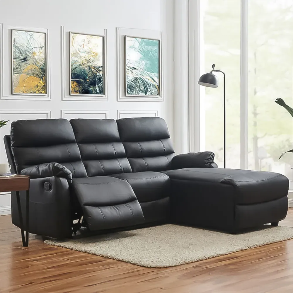 Carter 3-Seater Left Hand Chaise Recliner Sofa - Black, Faux Leather image