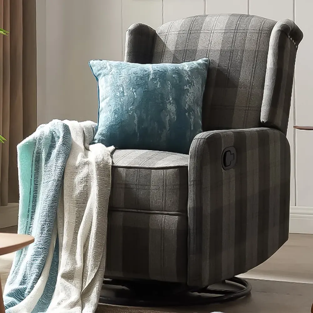Charles Swivel Manual Recliner Chair - Grey, Tartan