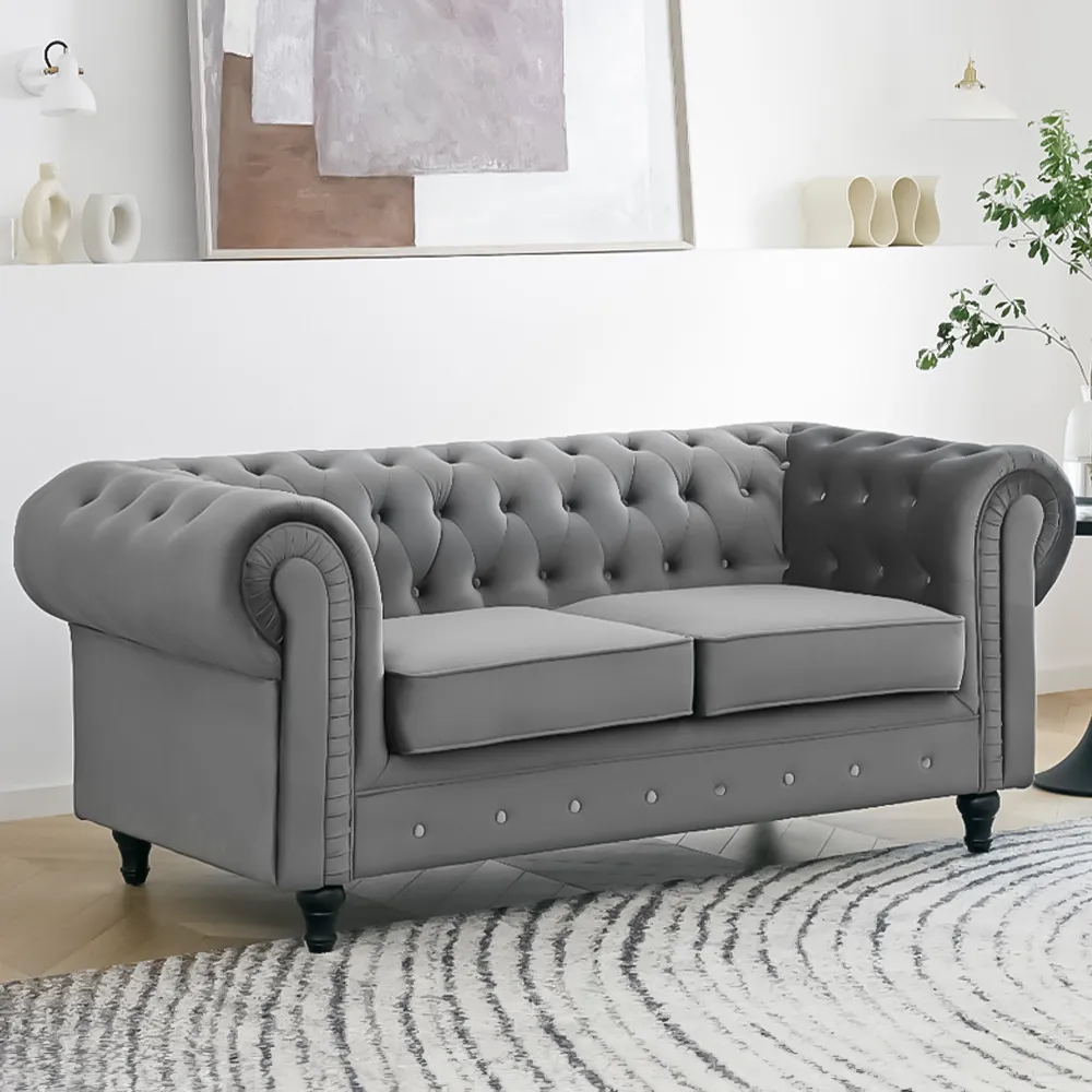 Chesterfield 2-Seater Pleat Sofa - Grey, Velvet