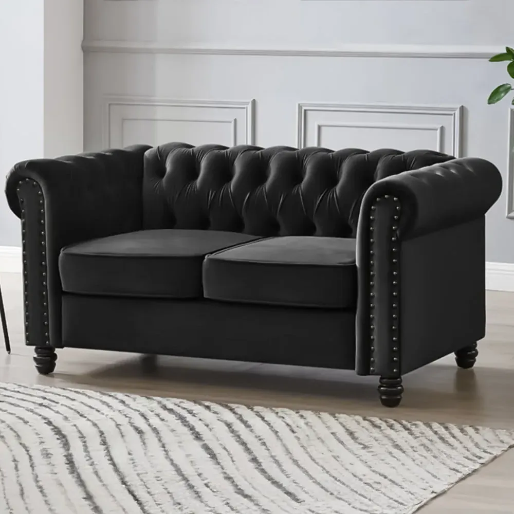 Chesterfield 2-Seater Studded Sofa - Black, Velvet