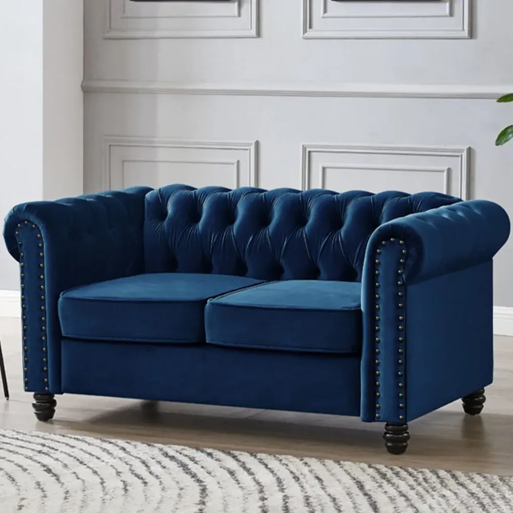 Chesterfield 2-Seater Studded Sofa - Blue, Velvet