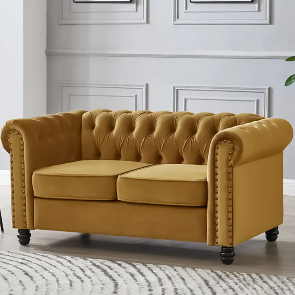 Chesterfield 2-Seater Studded Sofa - Gold, Velvet image
