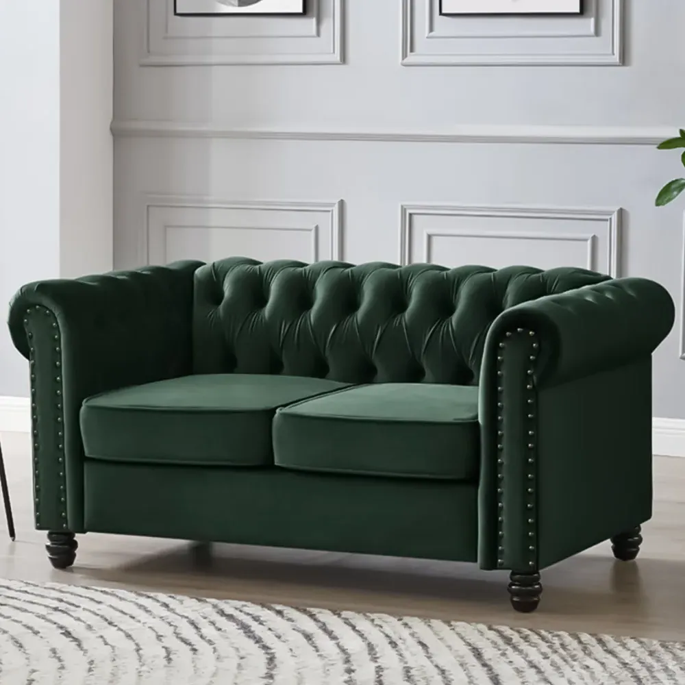 Chesterfield 2-Seater Studded Sofa - Green, Velvet