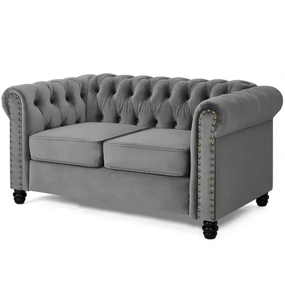 Chesterfield 2-Seater Studded Sofa - Grey, Velvet