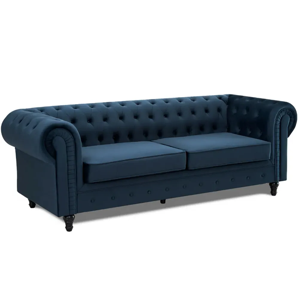 Chesterfield 3-Seater Pleat Sofa - Blue, Velvet
