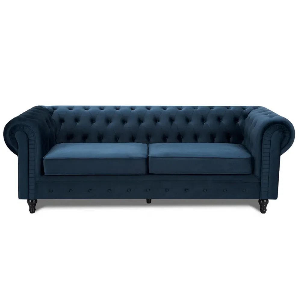Chesterfield 3-Seater Pleat Sofa - Blue, Velvet
