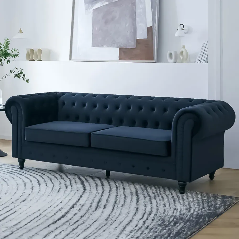 Chesterfield 3-Seater Pleat Sofa - Blue, Velvet