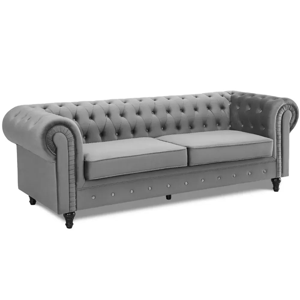Chesterfield 3-Seater Pleat Sofa - Grey, Velvet