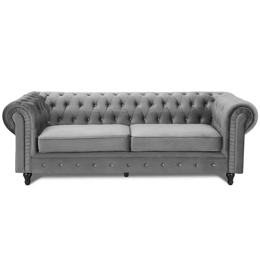 Chesterfield 3-Seater Pleat Sofa - Grey, Velvet