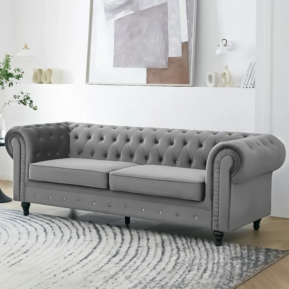 Chesterfield 3-Seater Pleat Sofa - Grey, Velvet