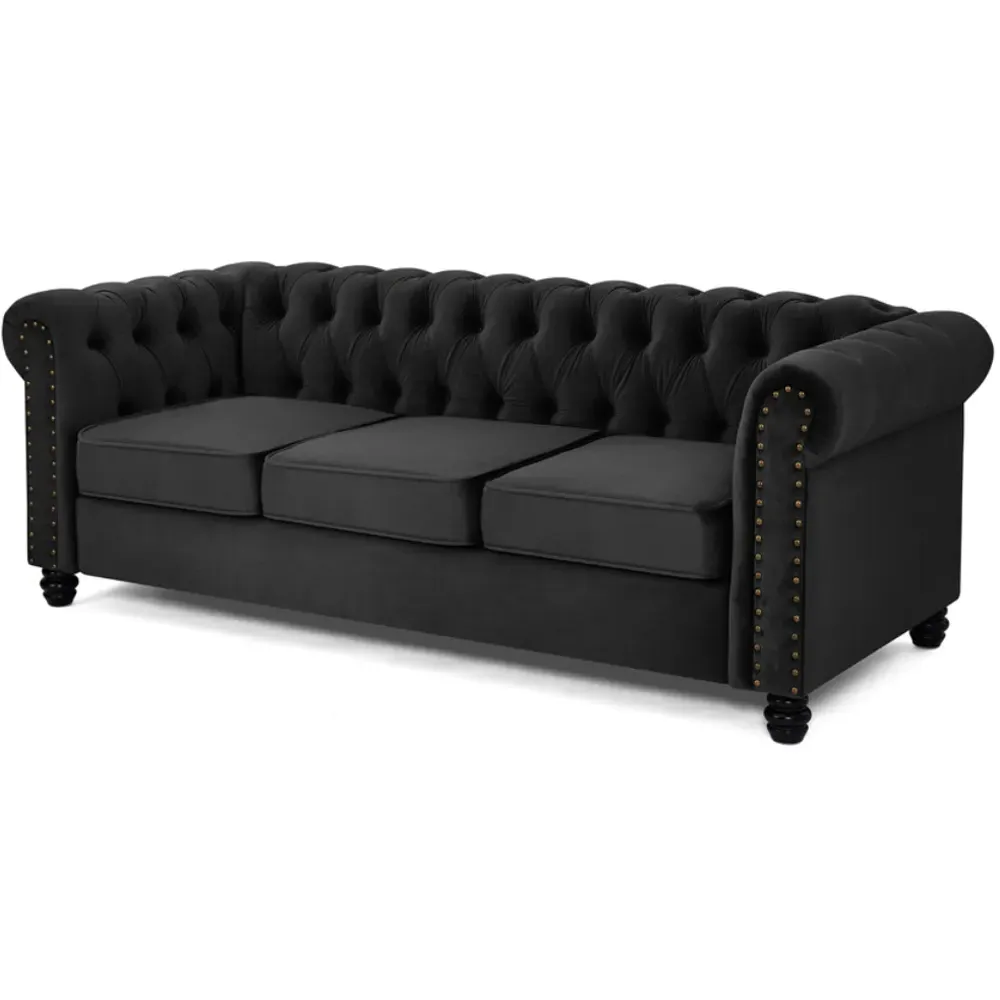Chesterfield 3-Seater Studded Sofa - Black, Velvet