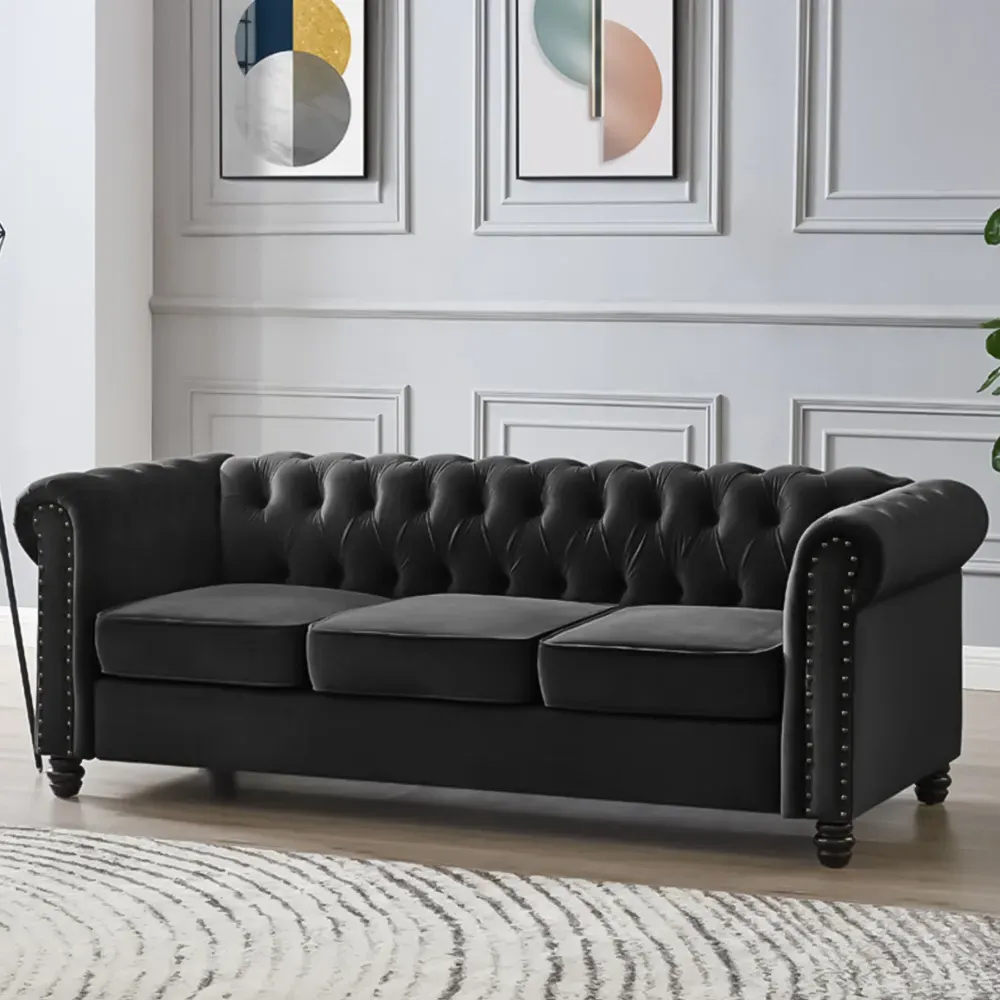 Chesterfield 3-Seater Studded Sofa - Black, Velvet