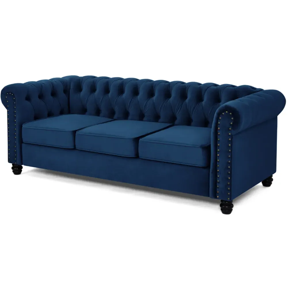 Chesterfield 3-Seater Studded Sofa - Blue, Velvet