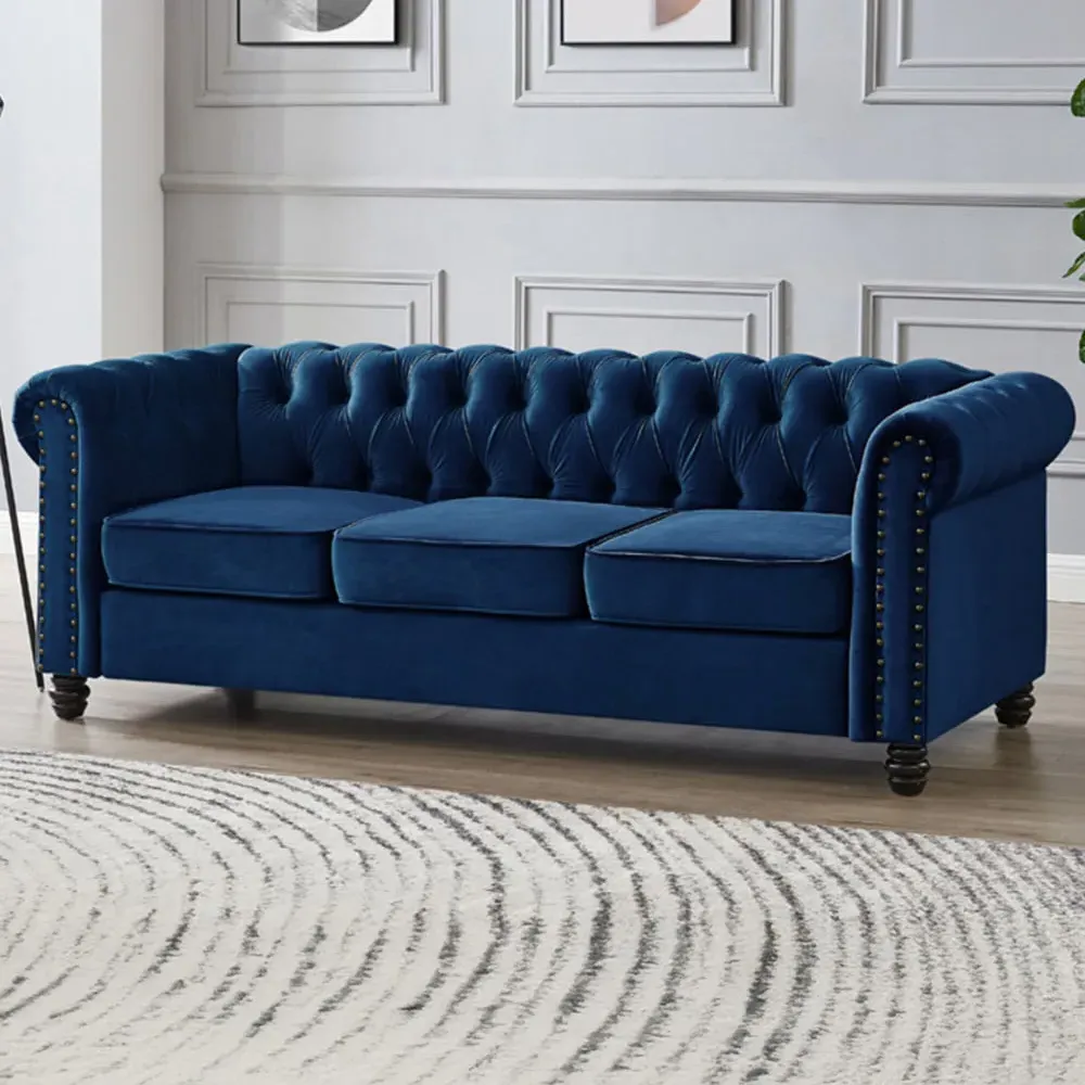 Chesterfield 3-Seater Studded Sofa - Blue, Velvet