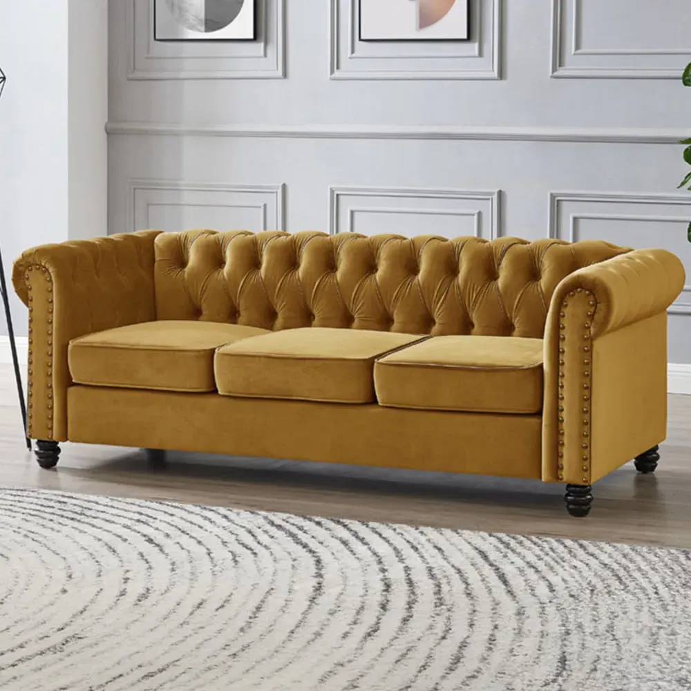 Chesterfield 3-Seater Studded Sofa - Gold, Velvet