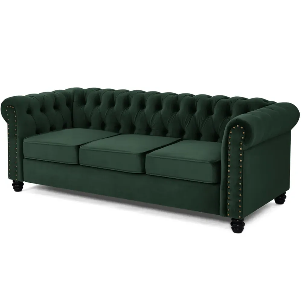 Chesterfield 3-Seater Studded Sofa - Green, Velvet