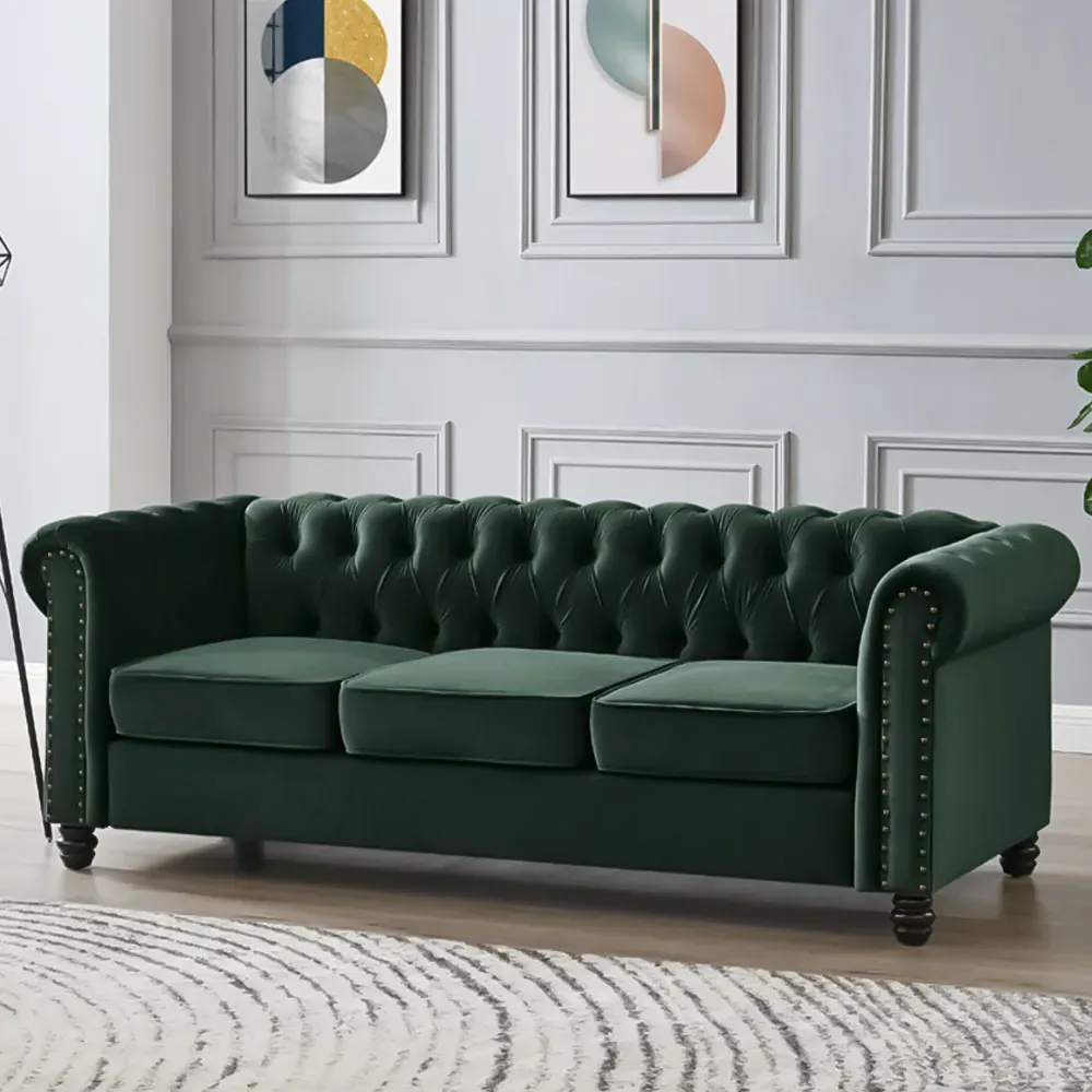 Chesterfield 3-Seater Studded Sofa - Green, Velvet