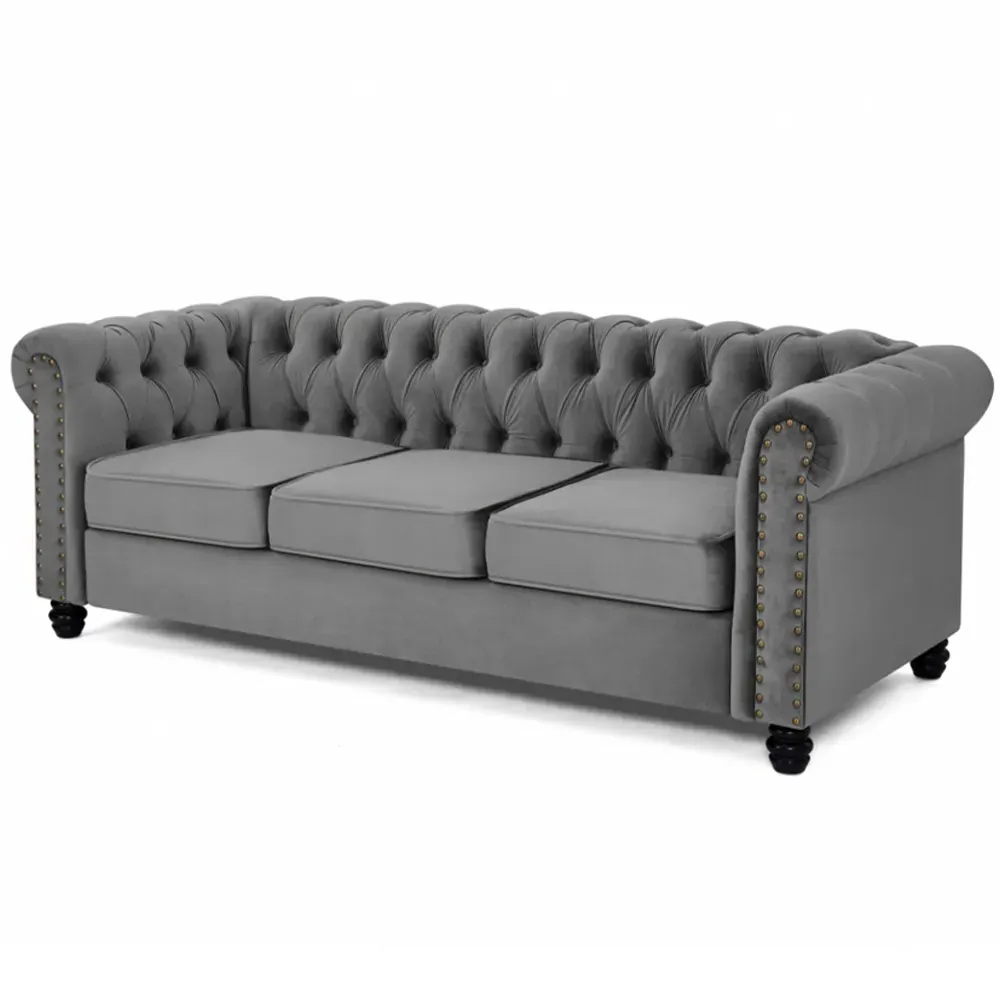 Chesterfield 3-Seater Studded Sofa - Grey, Velvet