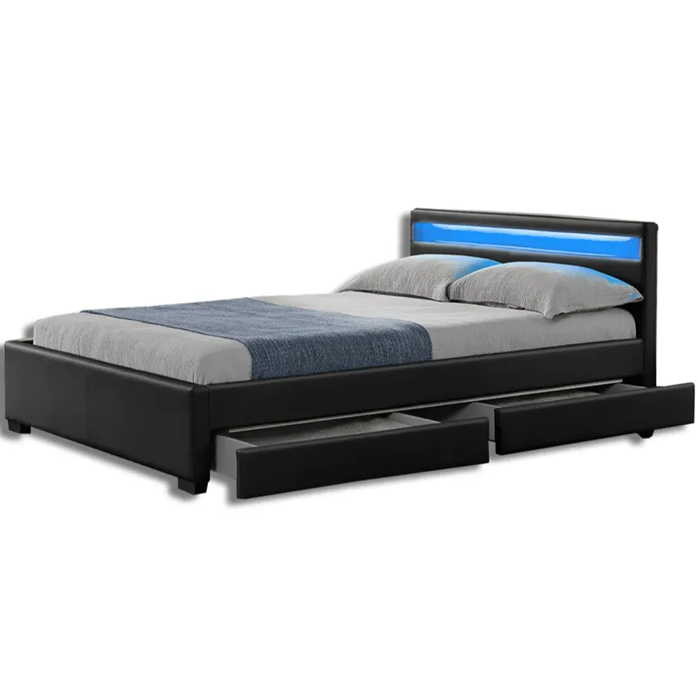 Comet Double Bed Frame with LED - Black, Faux Leather