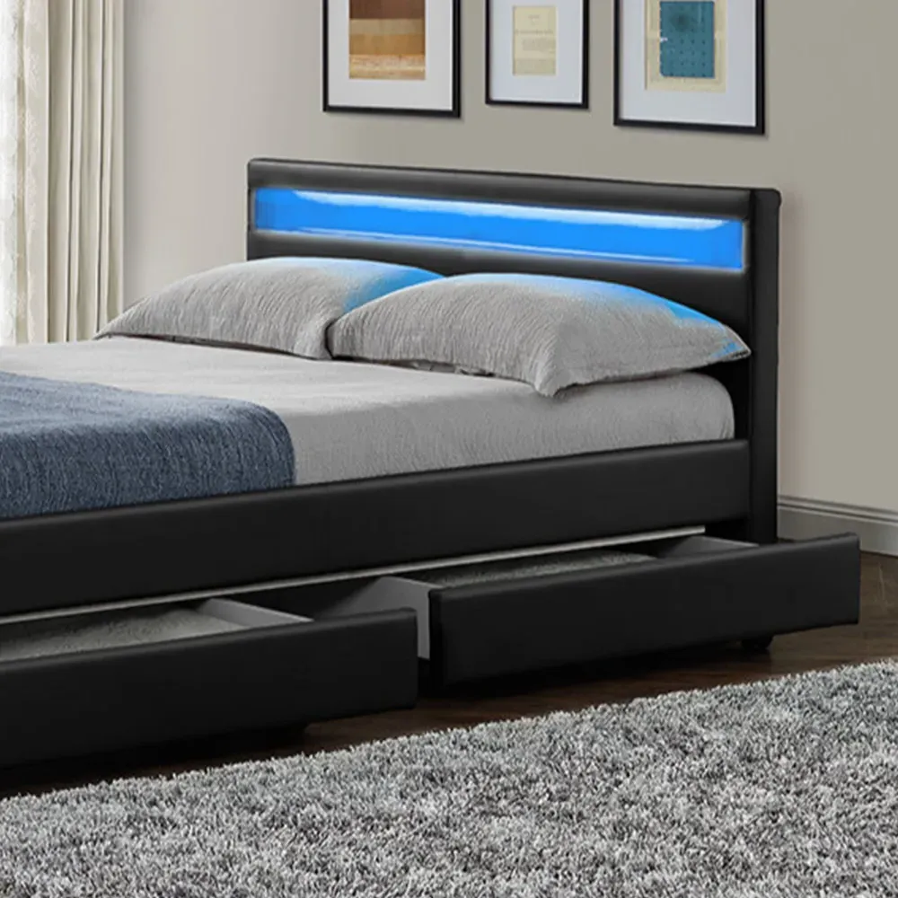 Comet Double Bed Frame with LED - Black, Faux Leather