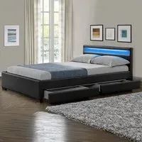 Comet Double Bed Frame with LED - Black, Faux Leather