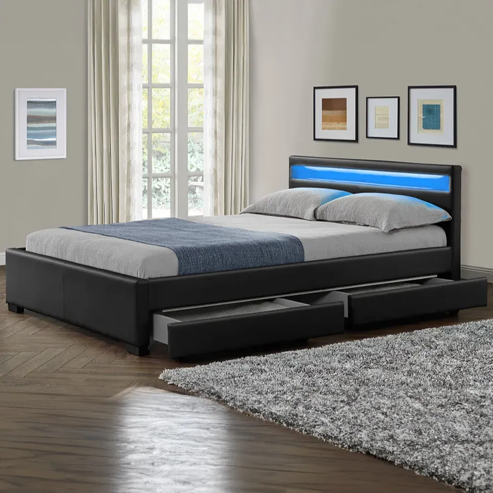 Comet Double Bed Frame with LED - Black, Faux Leather