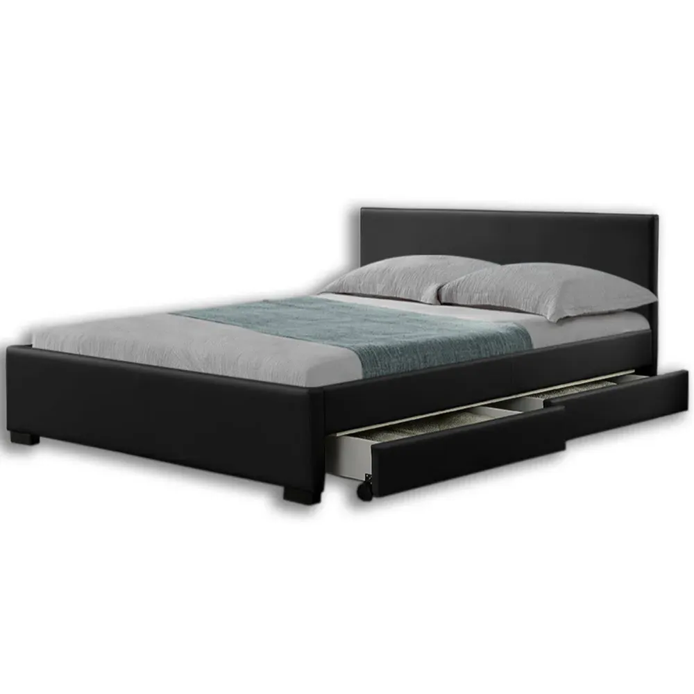 Comet Double Bed Frame with Storage - Black, Faux Leather