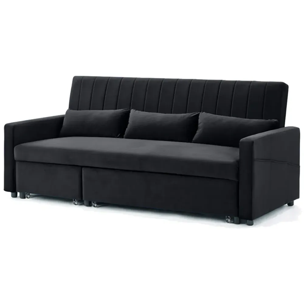 Devon Double Sleeper Sofa Bed with Storage - Black, Velvet