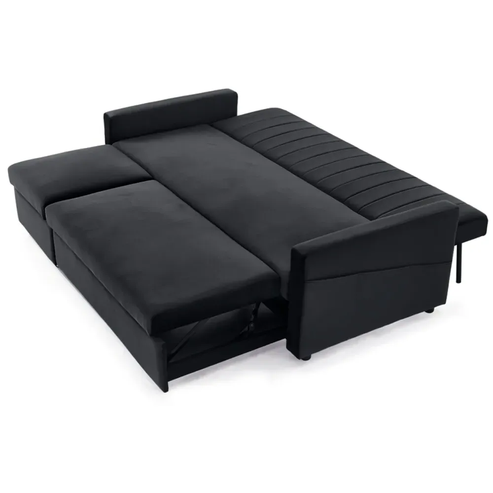 Devon Double Sleeper Sofa Bed with Storage - Black, Velvet