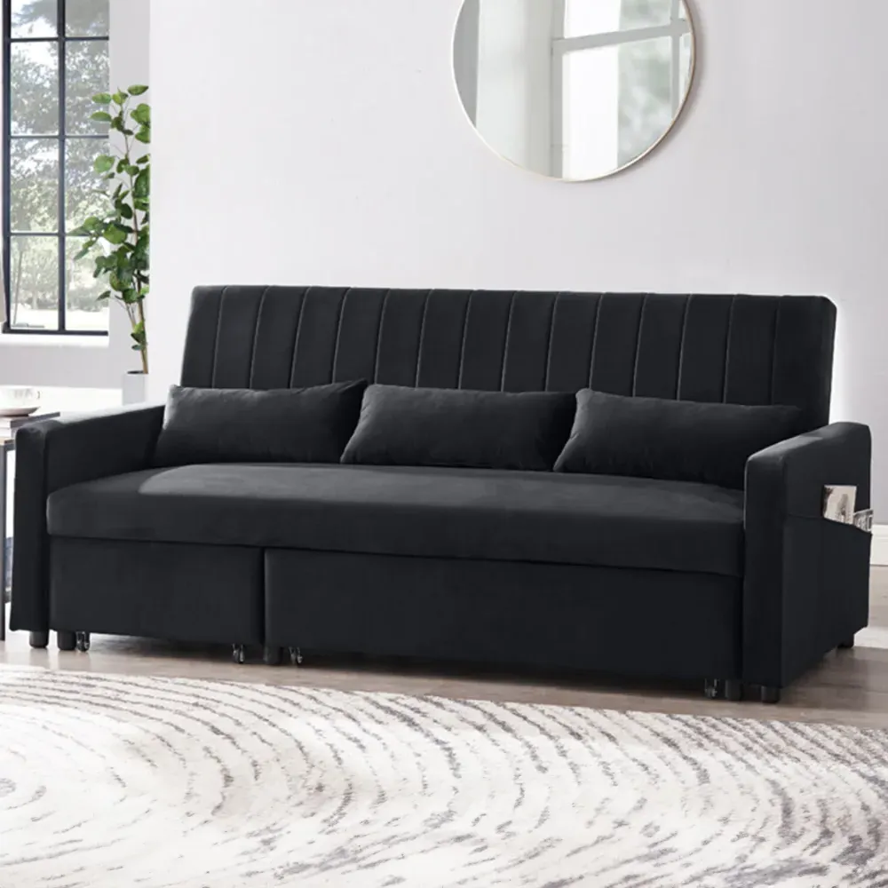 Devon Double Sleeper Sofa Bed with Storage - Black, Velvet