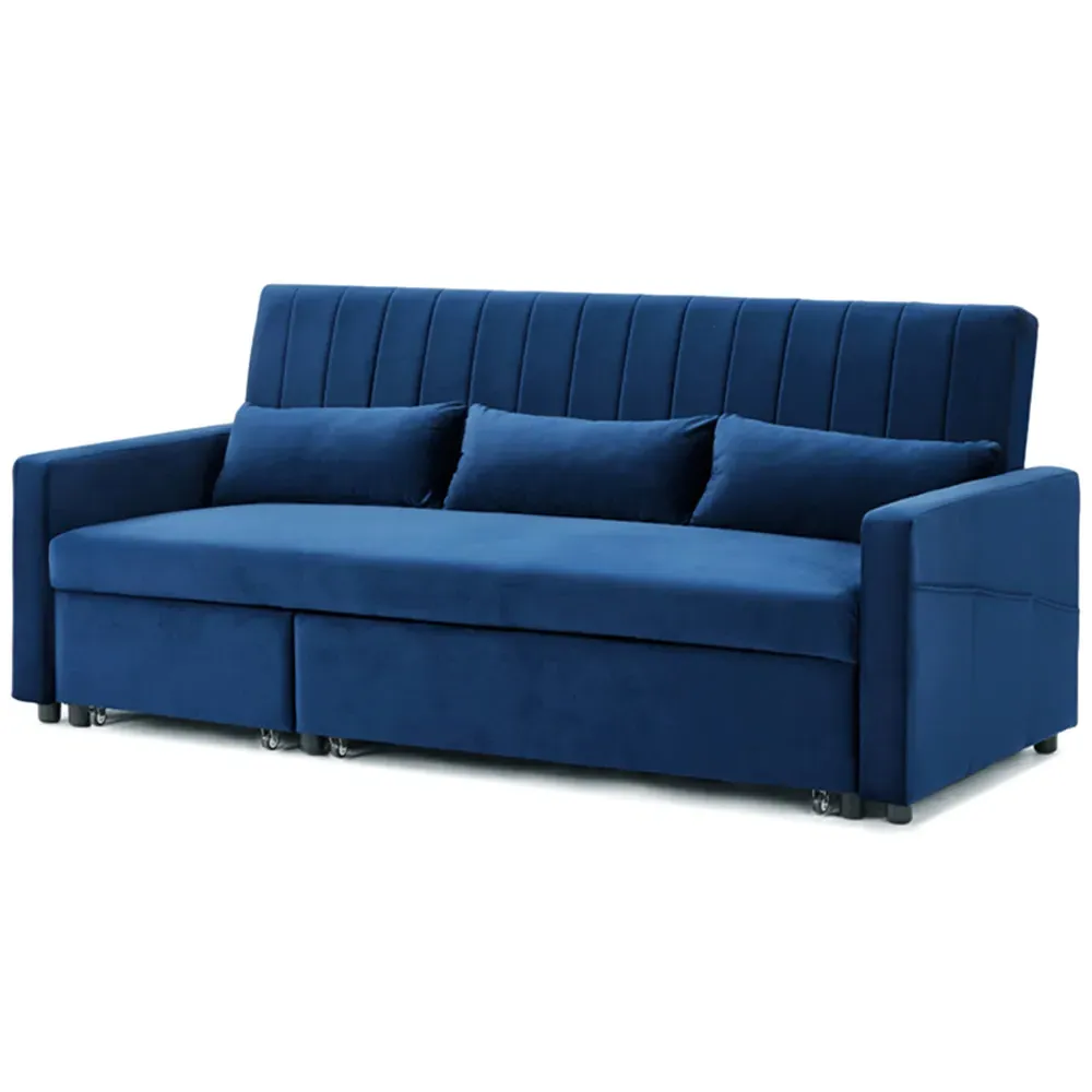Devon Double Sleeper Sofa Bed with Storage - Blue, Velvet