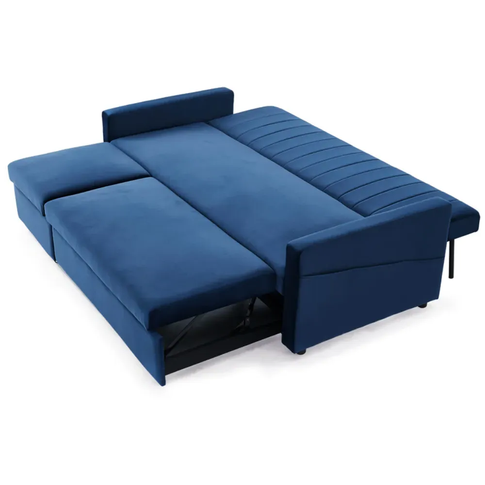 Devon Double Sleeper Sofa Bed with Storage - Blue, Velvet