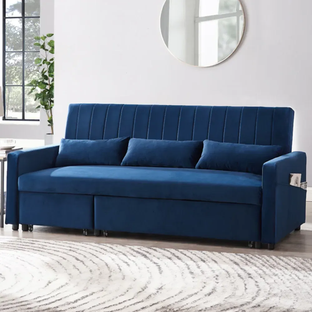 Devon Double Sleeper Sofa Bed with Storage - Blue, Velvet