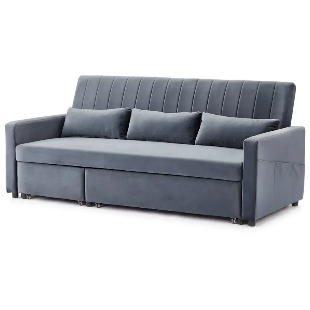 Devon Double Sleeper Sofa Bed with Storage - Grey, Velvet