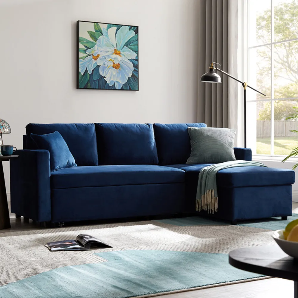 Dorset Small Double Sofa Bed with Storage - Blue, Velvet