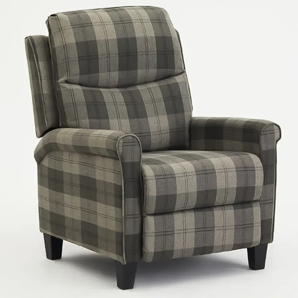 Evan Tartan Manual Recliner Chair with Scroll Arms - Grey