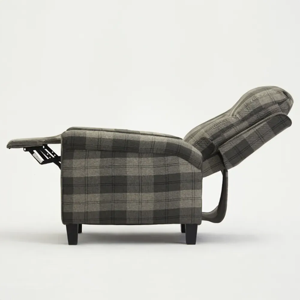 Evan Tartan Manual Recliner Chair with Scroll Arms - Grey