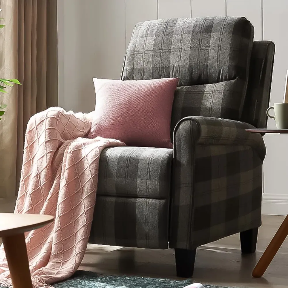 Evan Tartan Manual Recliner Chair with Scroll Arms - Grey