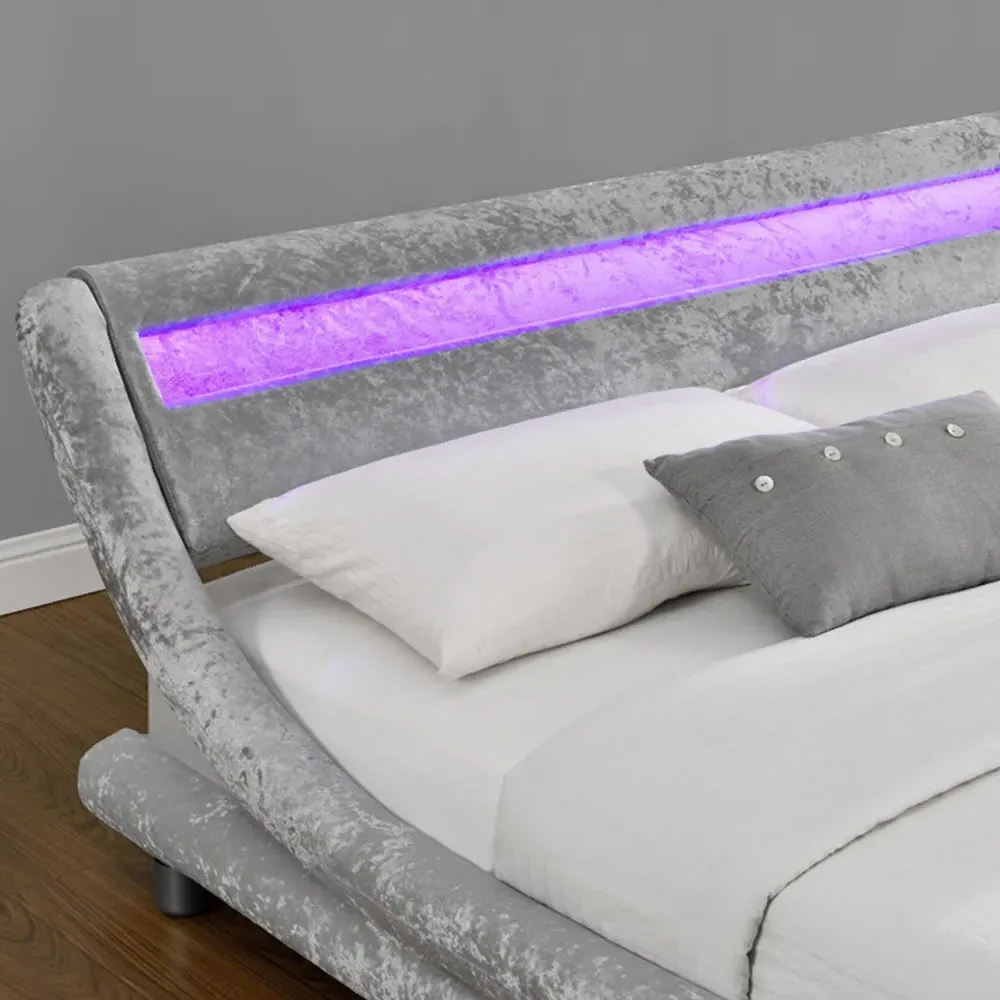 Galaxy Double Bed Frame with LED - Silver, Velvet