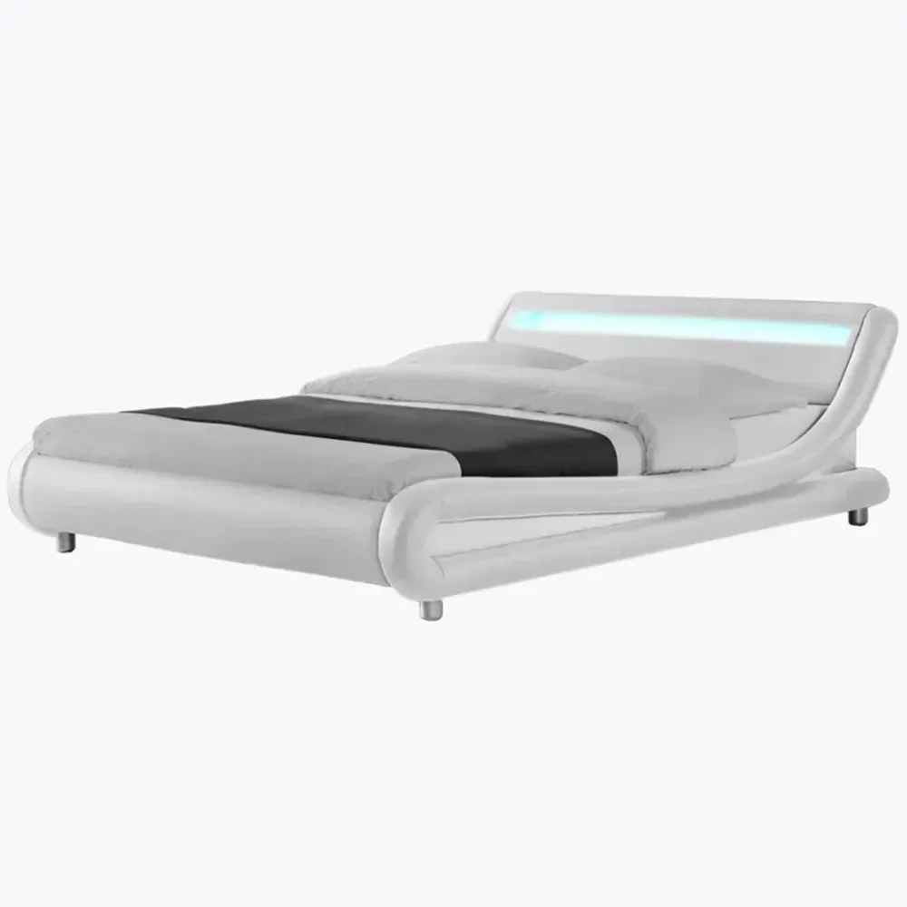 Galaxy Double Bed Frame with LED - White, Faux Leather